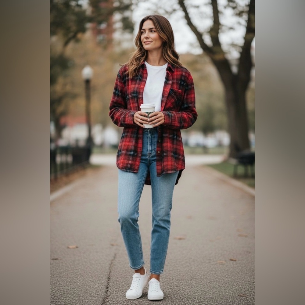 American Eagle Soft Plaid Button Down Shirt Red Black Boyfriend Fit Size‎ Small